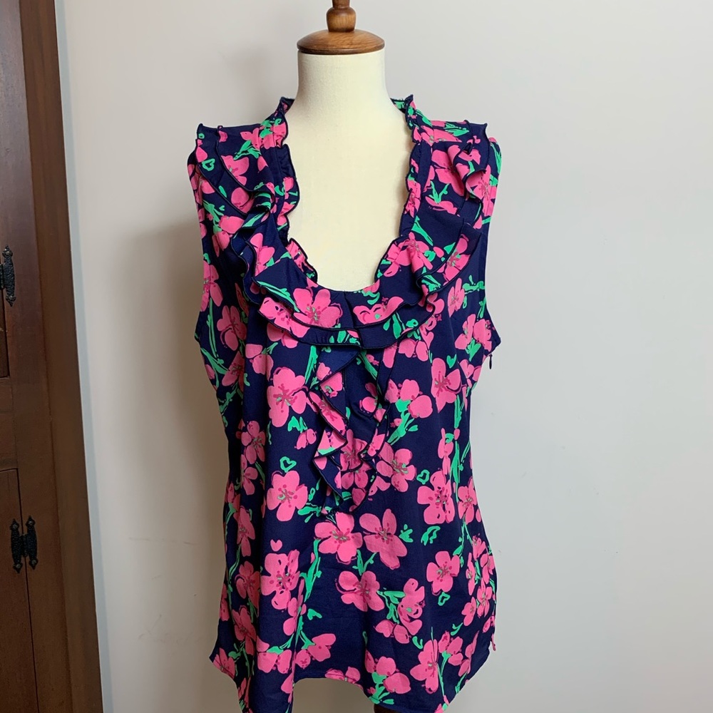 Lilly Pulitzer blue ruffle neck sleeveless top L